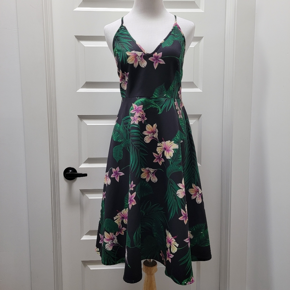 Womens Hawaiian Aloha Black Green Floral Print Sleeveless Mini Fit Flare Dress